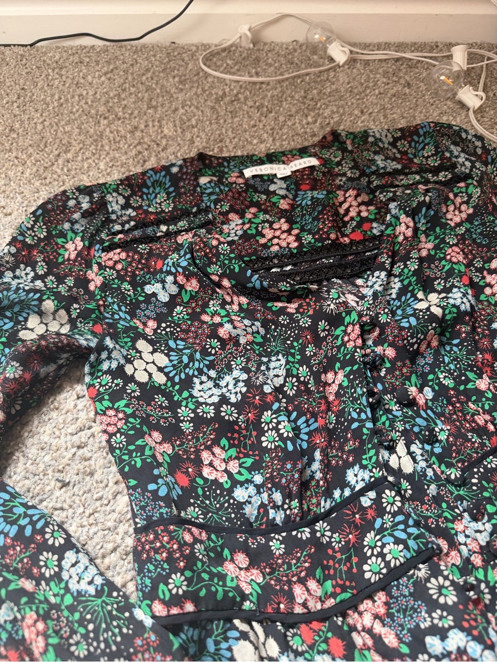 Veronica Beard Black Floral Ruffle-Trim Long Sleeve Blouse